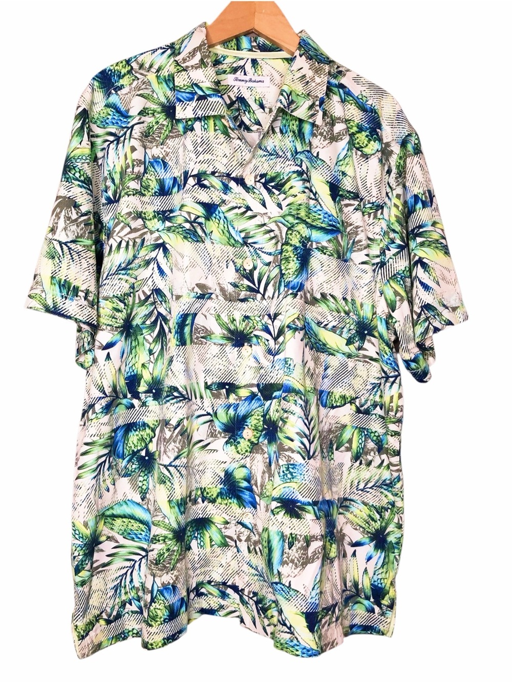 Tommy Bahama Silk Blend Islandzone Camp Shirt Tropical Print Green Blue Men’s XL